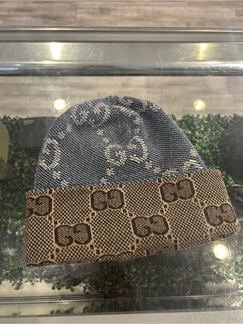 Gucci Blue Denim & Brown GG Knit Beanie